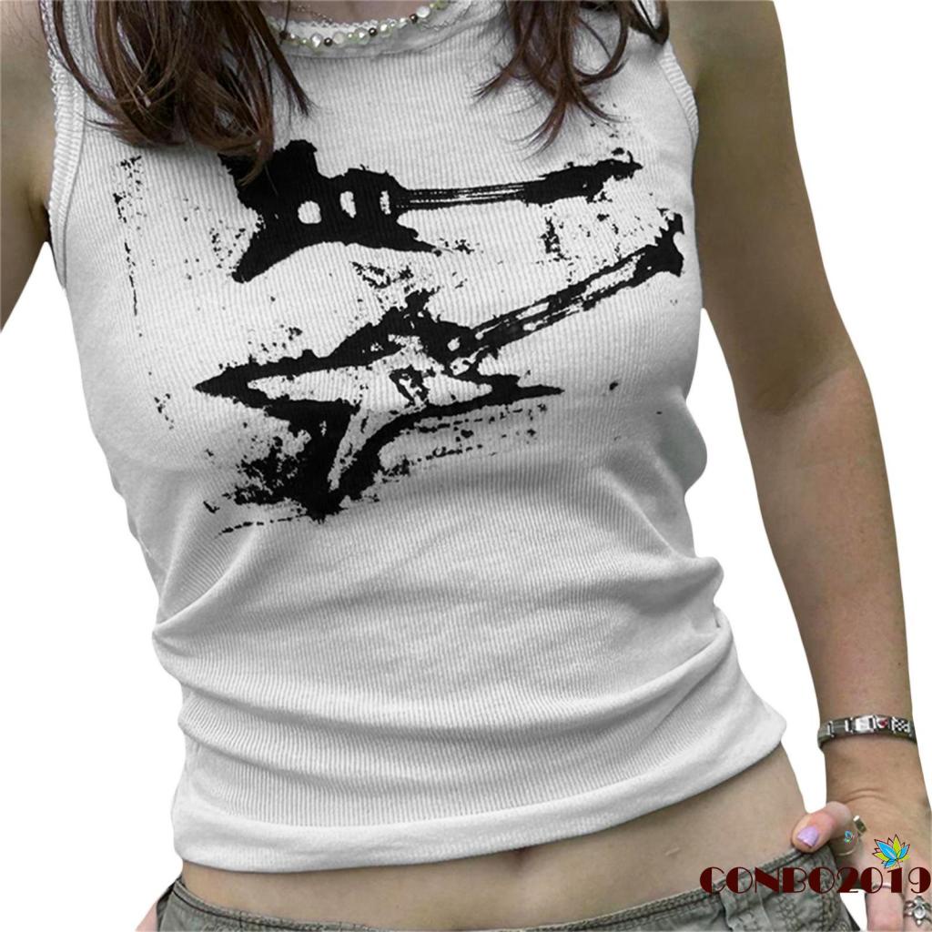 Áo Crop Top Dệt Kim Không Tay In Họa Tiết Guitar Phong Cách Đường Phố Cho Nữ