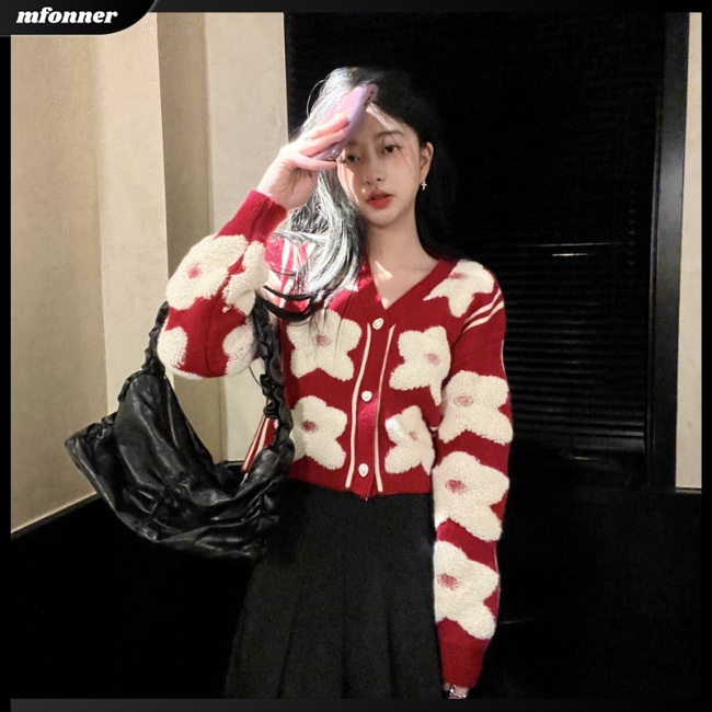 Áo Khoác Cardigan Dệt Kim Tay Dài Cổ Chữ V In Họa Tiết Hoa Thời Trang Cho Nữ