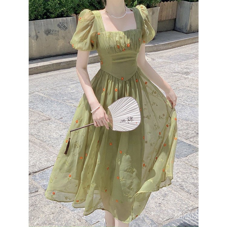 Công Chúa Màu Xanh Lá Dáng Ôm Eo Cao Cấp Phong Cách Pháp Cổ Điển Thời Trang Mùa Hè Cho Nữ Dress Women's Dress Long Dress