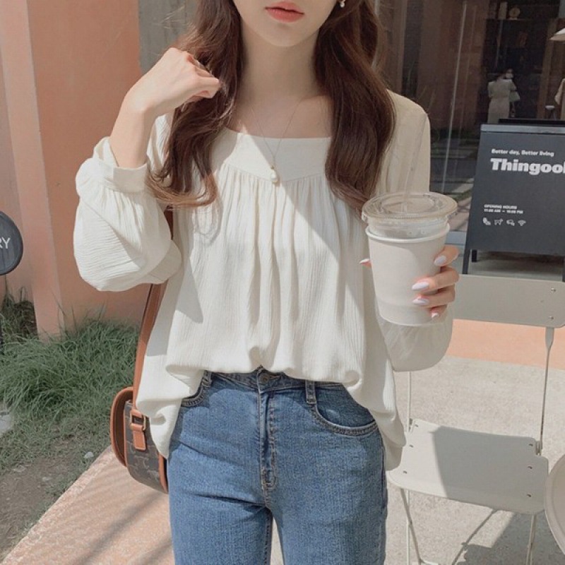 Áo Sơ Mi Chiffon Satin Cổ Vuông Tay Dài Dáng Rộng Màu Trơn Kiểu Nhật Hàn Dễ Phối Đồ
