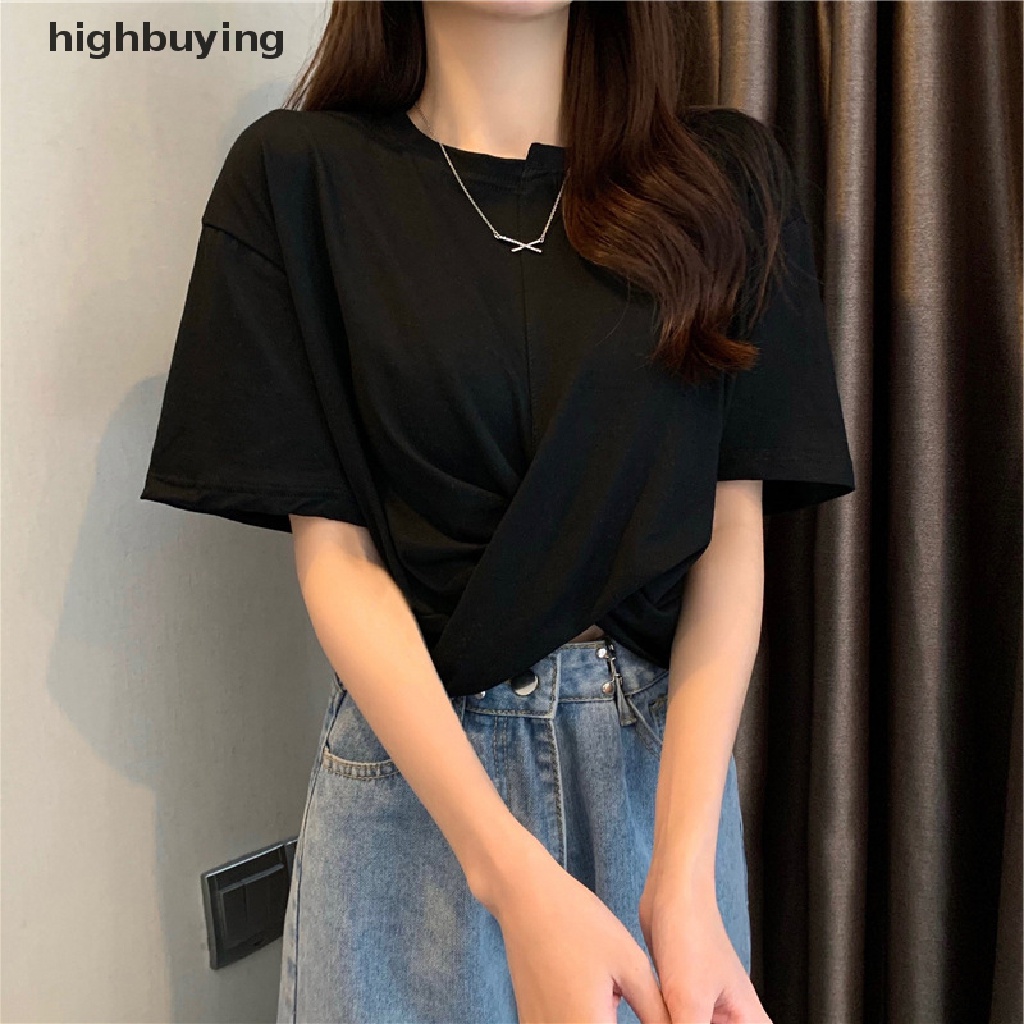 Áo Thun Lửng Ngắn Tay Cổ Tròn Vạt Chéo Thời Trang Nữ Tính