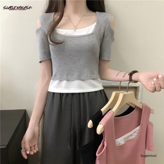 SUGEMIUSI  Áo Thun Ngắn Tay Giả Hai Lớp Phong Cách Hàn Quốc Thời Trang Mùa Hè Dễ Phối Đồ Dành Cho Nữ
