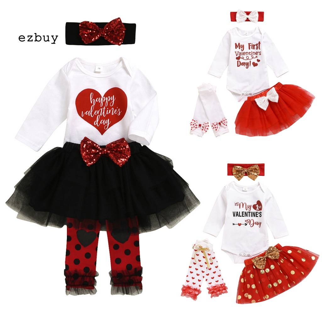 Bộ 4 Món Áo Liền Quần Tay Dài + Chân Váy + Băng Đô Mềm Mại Thời Trang Giữ Ấm Cho Bé Ngày Valentines