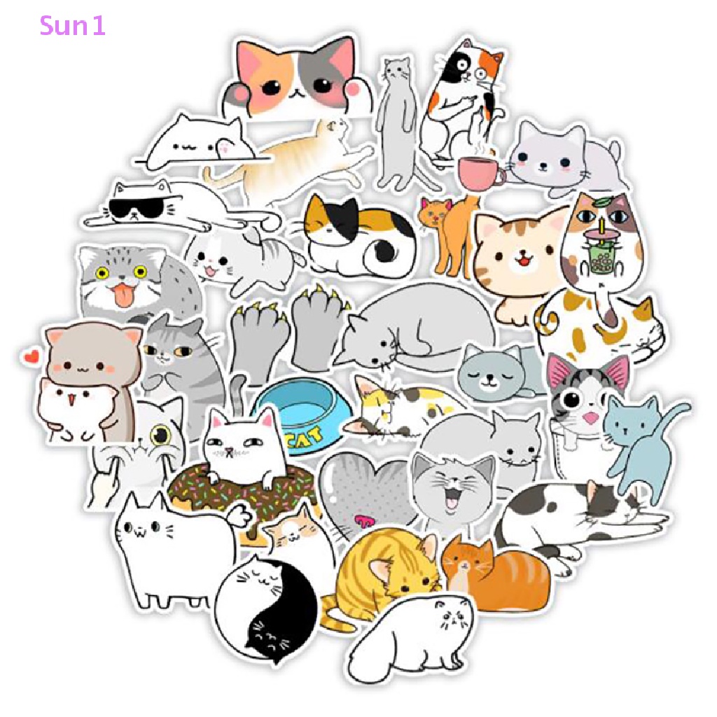 Túi 50 Miếng Dán Chống Nước In Hình Mèo Hoạt Hình Dễ Thương Dùng Trang Trí Sổ Tay / Máy Tính