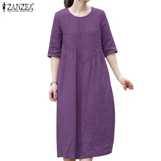 Đầm ZANZEA tay lửng màu trơn phong cách Hàn Quốc thời trang cho nữ