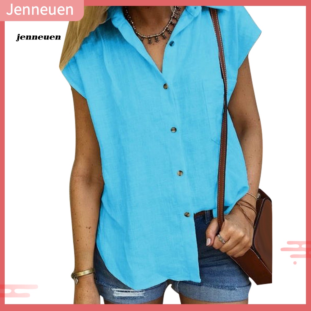 Áo Sơ Mi Tay Ngắn Cổ Bẻ Cài Nút Màu Trơn Đơn Giản Dành Cho Nữ