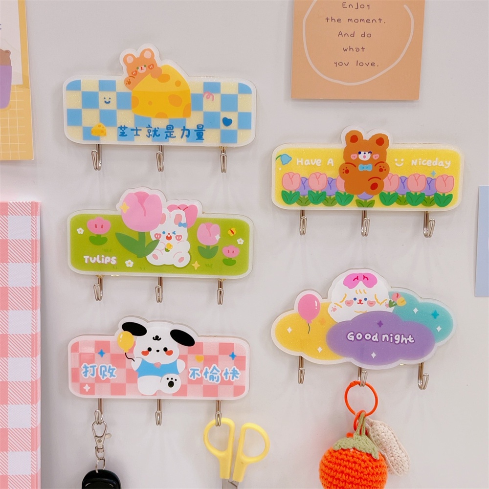 Móc Gấu Hoạt Hình Không Cần Đục Lỗ Mặt Nạ Treo Chìa Khóa Nhà Vệ Sinh Móc Dính Dễ Thương Dính Chắc-Rosser2