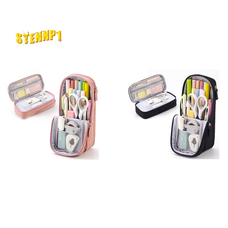 Set 2 Túi Đựng Bút Hai Ngăn Có Thể Gập Lại Màu Hồng Và Đen