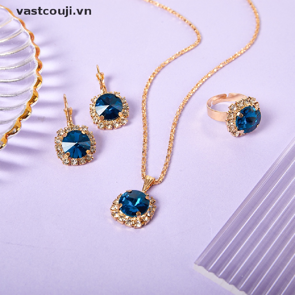 1 Set Vòng cổ + Nhẫn + Bông Tai Pha Lê Tròn Nhiều Màu Phong Cách Hàn Quốc Thời Trang Cho Nữ