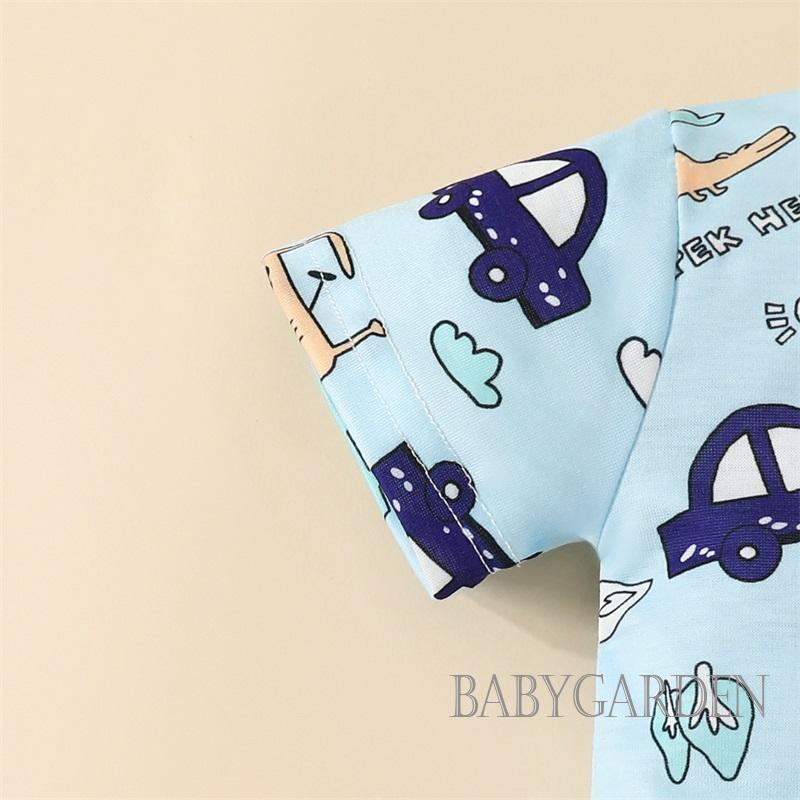 Set Đồ Mùa Hè 2 Món Gồm Áo Thun Tay Cộc In Hình Xe Hơi + Quần Ngắn Co Giãn Cho Bé Trai 9 Tháng Tuổi