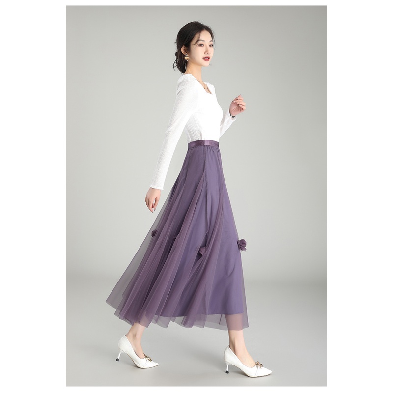 Chân Váy Xòe Chữ A Lưng Cao Co Giãn Thêu Hoa 5 Màu Thời Trang Cho Nữ