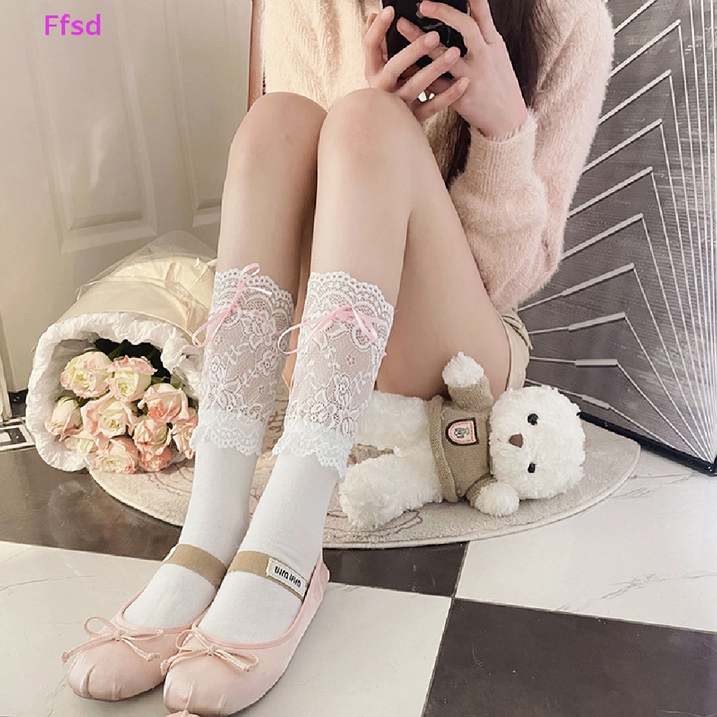 {Ffsd} 1 Đôi Tất Ống Dài Ngang Bắp Chân Phối Ren Rỗng Đính Nơ Phong Cách Lolita Dành Cho Nữ * Bán Chạy