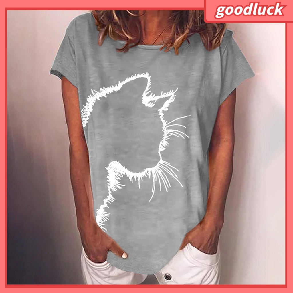 Áo Thun Tay Ngắn Cổ Tròn In Hình Mèo Thời Trang Mùa Hè Cho Nữ