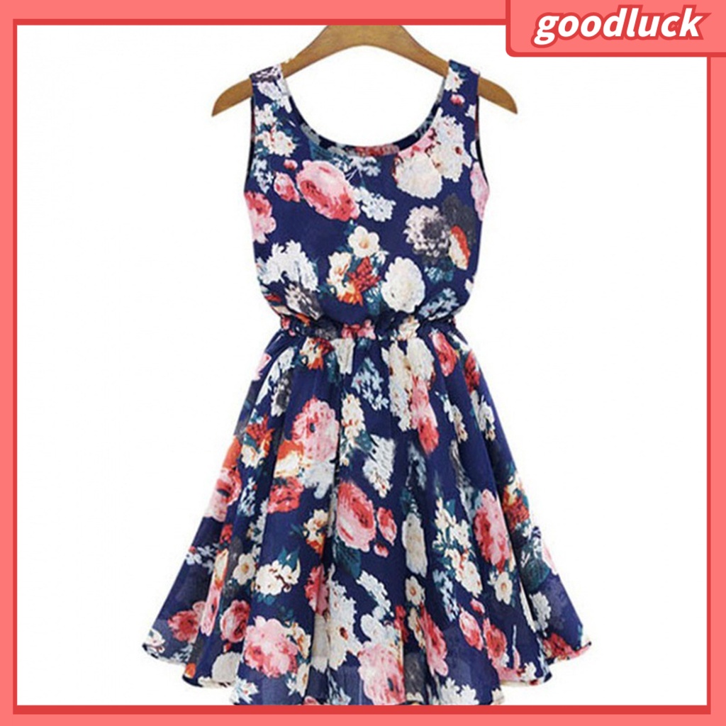 [ULK] Đầm Voan Dáng Chữ A Không Tay Cổ Tròn Họa Tiết Hoa Nhiều Màu Sắc Thời Trang Mùa Hè Đi Biển Dành Cho Nữ