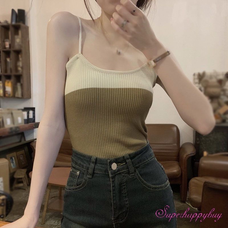 Áo Tank Top Dệt Kim Sát Nách Màu Tương Phản Thời Trang Mùa Hè Cho Nữ