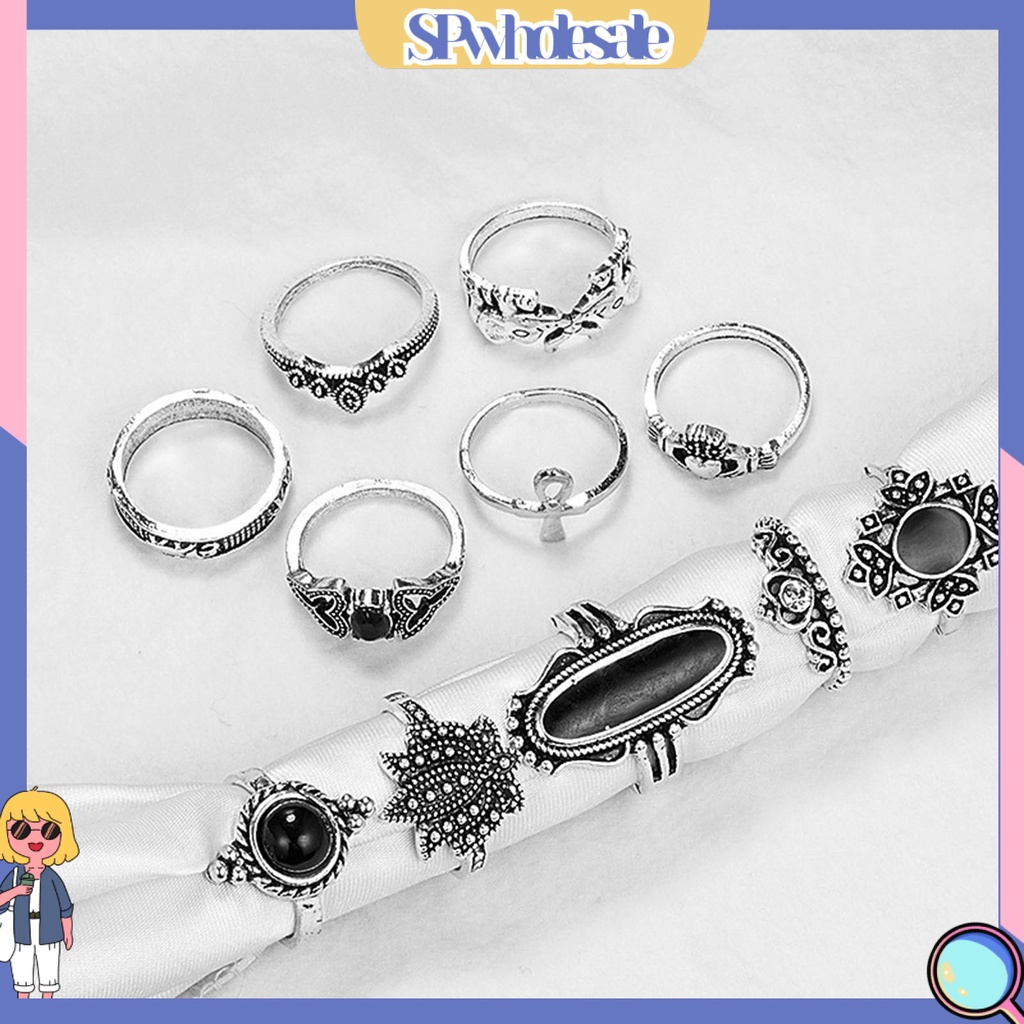 <SPwholesale> Bộ 11 Nhẫn Hợp Kim Đính Đá Nhân Tạo Màu Đen Phong Cách Bohemian