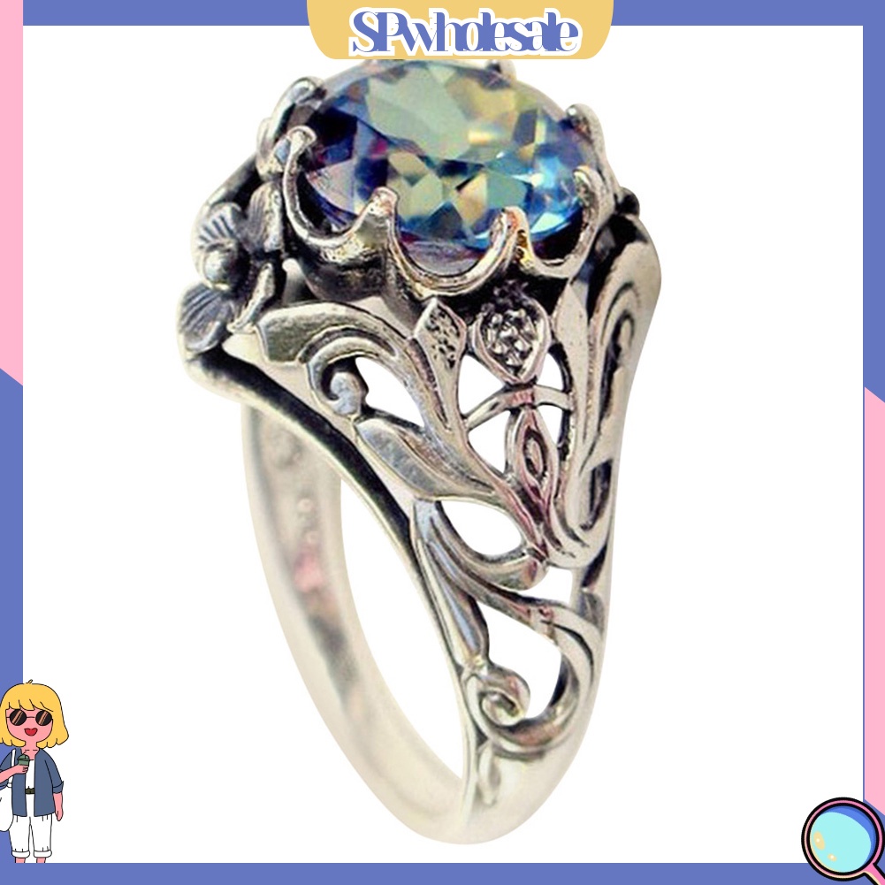 &lt;SPwholesale&gt; Nhẫn Nữ Đính Đá Zircon Màu Sắc Cầu Vồng Phong Cách Vintage