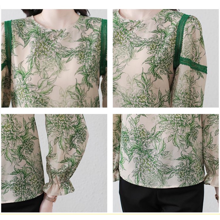 Áo Sơ Mi Chiffon Cổ Tròn Tay Dài Màu Xanh Lá In Họa Tiết Thời Trang Mùa Xuân Cho Nữ