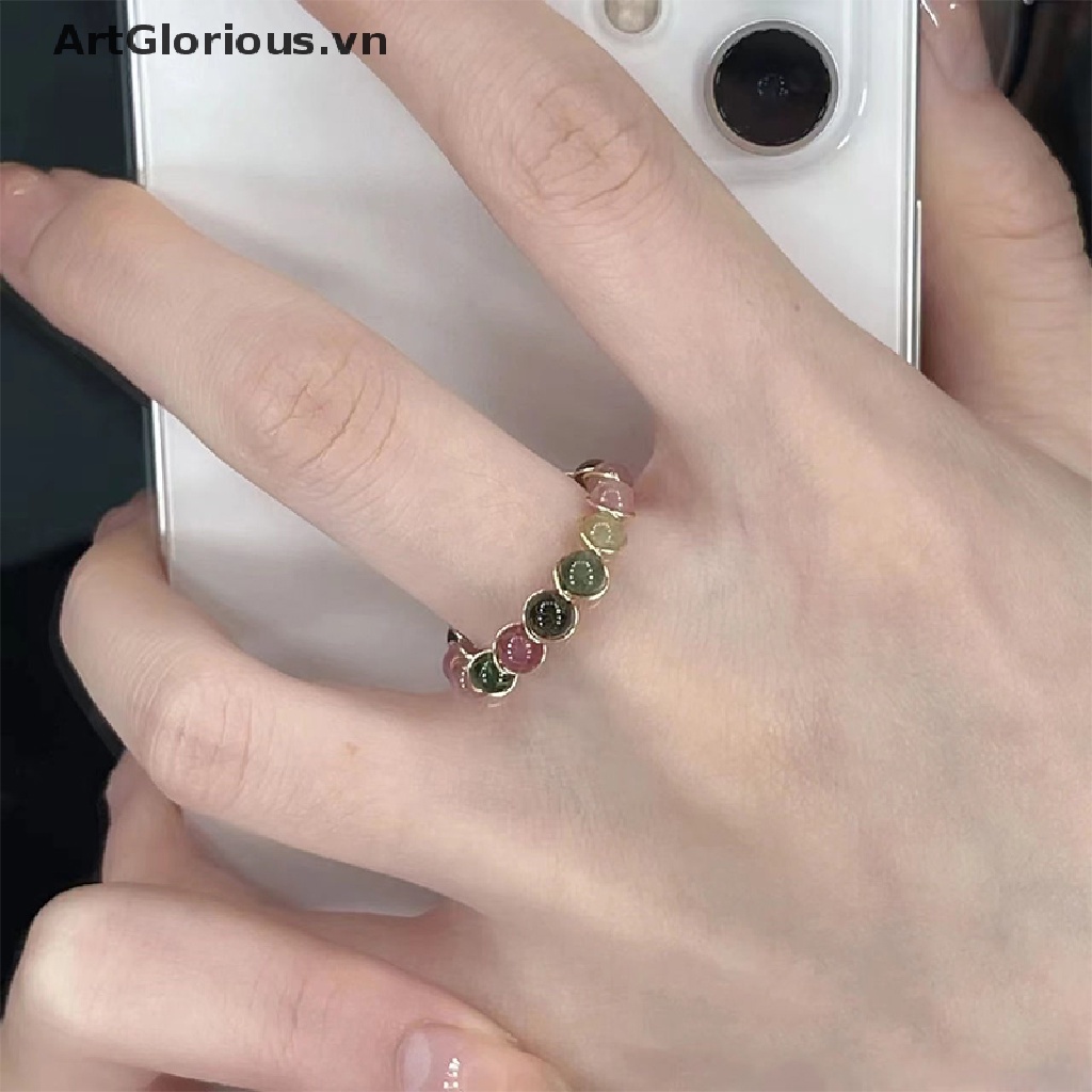 1 Nhẫn Dạng Hở Bằng Dây Kim Loại Đính Hạt Tourmaline Phong Cách Retro Thời Trang Cho Nữ