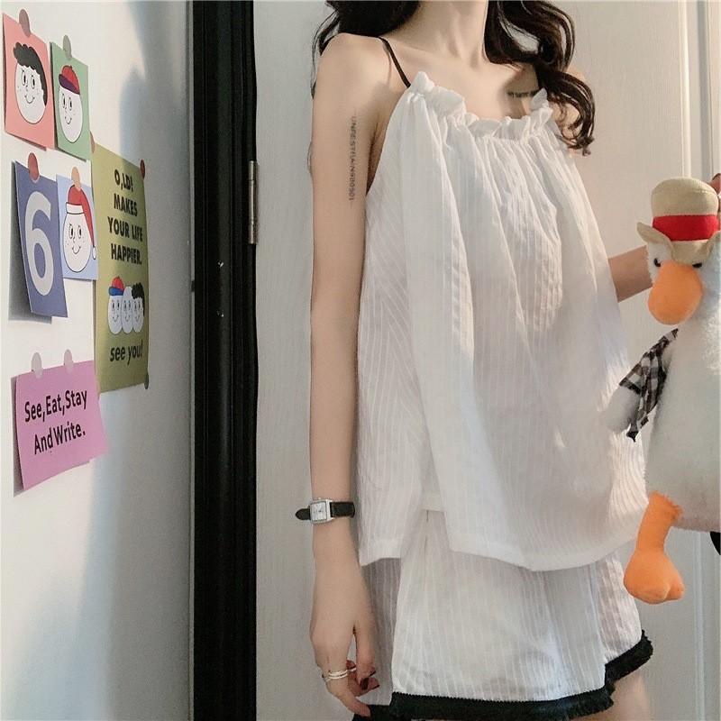 Bộ quần đùi áo hai dây mặc nhà phối viền đen chất thô đũi siêu mát MS1094