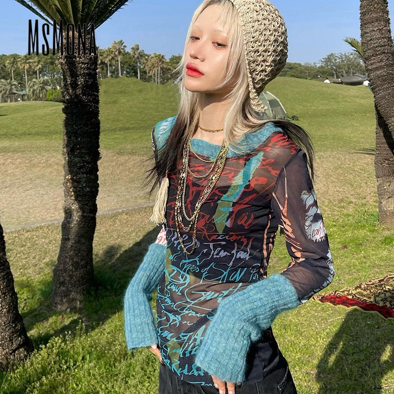 Áo Thun Lưới Cổ Tròn Tay Dài Ôm Dáng In Họa Tiết Màu Tương Phản Thời Trang 2023 Cho Nữ