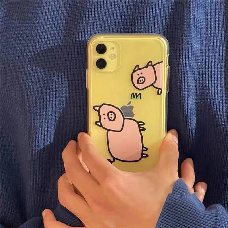 Cartoon Fun Eating Grass Pig 13 Phone Case 8plus for XR Apple Iphone12pro Max Far Peak Blue Lsw4