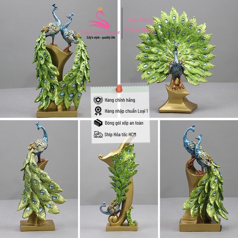 Mô hình chim công cát tường Lily's decor house trang trí phòng khách kệ tủ quà tặng khai trương bình hoa công xanh