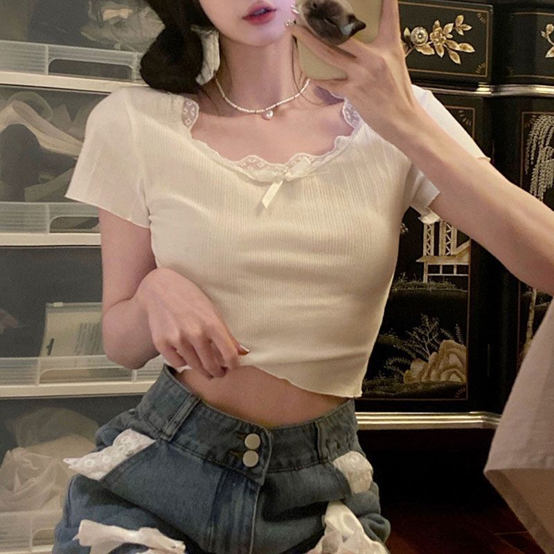 Áo Thun Tay Ngắn Dáng Ôm Phối Ren Thời Trang Mùa Hè Xinh Xắn Cho Nữ