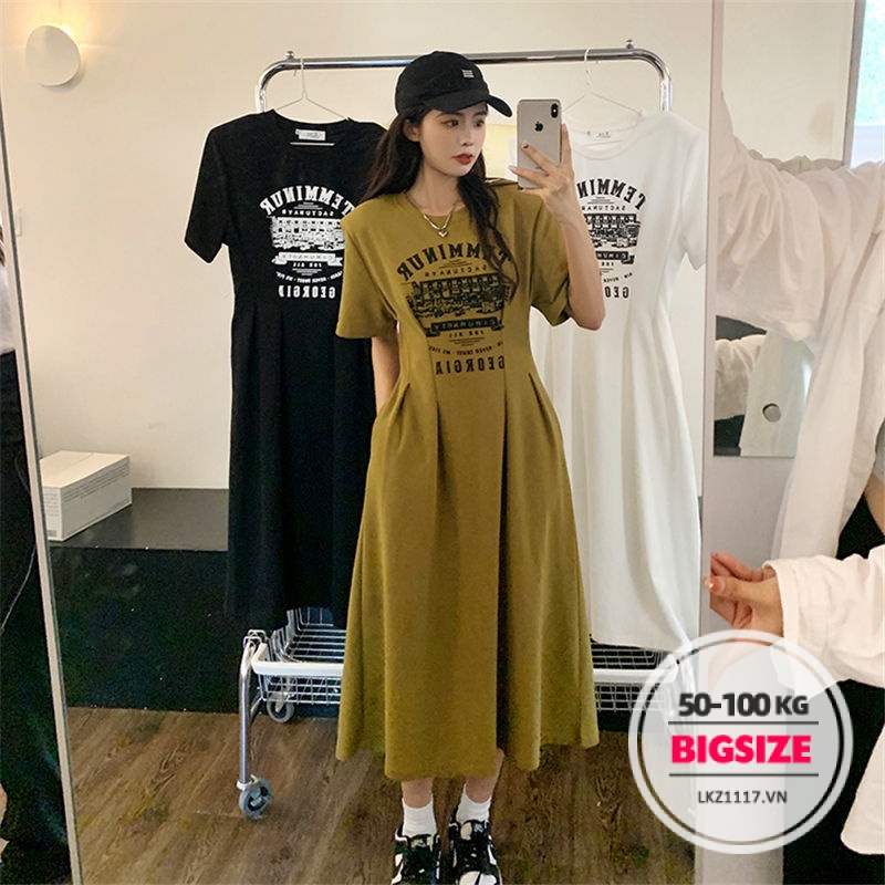 Đầm thun suông Bigsize Váy nữ dáng dài tay ngắn cổ tròn in hình mùa hè Phong cách Hàn Quốc Thời Trang tiểu thư cá tính xinh đẹp cho người mập béo