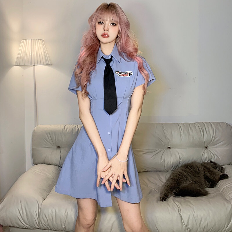 Đầm Chữ A Ngắn Tay In Chữ Phong Cách Hàn Quốc Thời Trang Cho Nữ