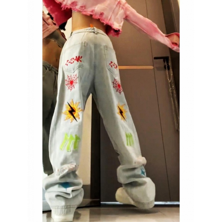 Quần Jeans Nữ Ống Rộng Thêu Họa Tiết Phong Cách Hip Hop Đường Phố Âu Mỹ