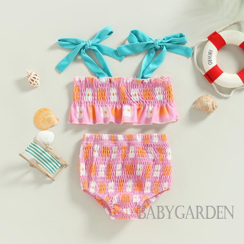 Bộ Đồ Bơi Hai Mảnh Áo Yếm Nhún Bèo + Quần Sooc In Hoa Màu Sắc Tương Phản Thời Trang Cho Bé Gái 6 Tháng-4 Tuổi