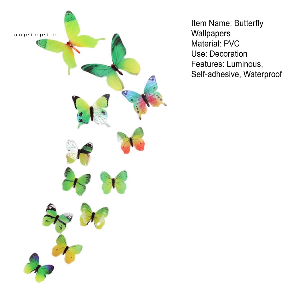 Bộ 12 Miếng Dán Tường Hình Bướm Ba Chiều Màu Dạ Quang Tự Dính Chống Nước Trang Trí Nhà Bếp DIY