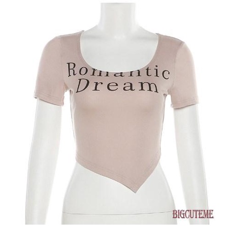 Áo Thun Lửng Ngắn Tay Cổ Chữ U In Chữ Thời Trang Nữ Tính