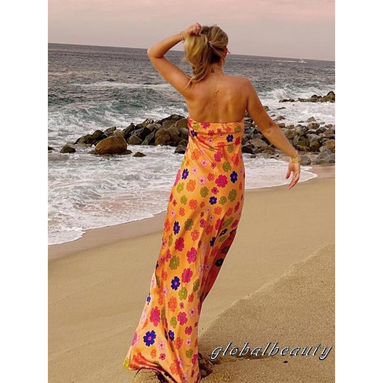 Đầm Dài Không Tay Hở Vai Họa Tiết Hoa Thời Trang Mùa Hè Cho Nữ