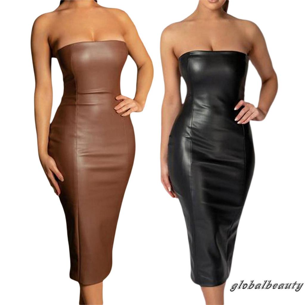 Đầm Dài Không Tay Bằng Da Giả Màu Trơn Thời Trang Dành Cho Nữ