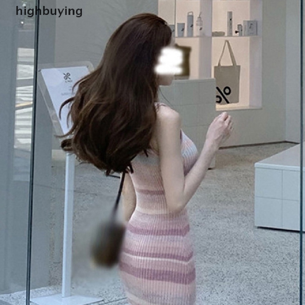 Đầm Dệt Kim Ôm Dáng Không Tay Họa Tiết Kẻ Sọc Màu Hồng Belle Thời Trang Mùa Hè Cho Nữ