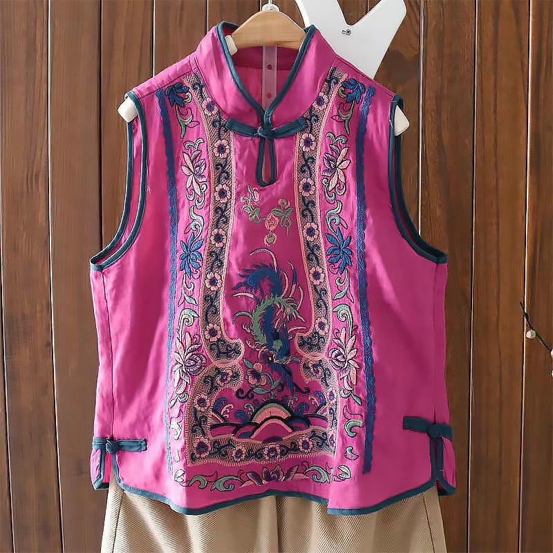 Áo cotton Lanh Không Tay Cổ Đứng Thêu Họa Tiết Phong Cách Trung Hoa Cho Nữ