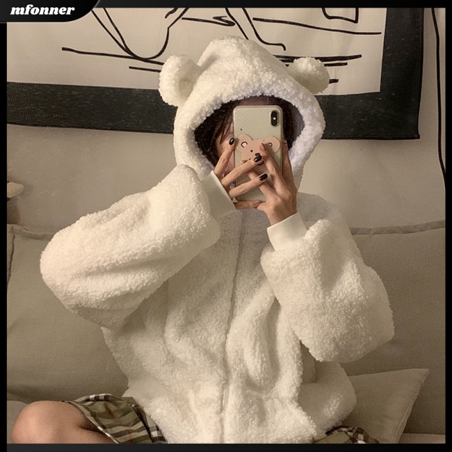 Áo Khoác Dài Tay Giữ Ấm Có Khóa Kéo Thiết Kế Tai Thỏ Dễ Thương Cho Nữ