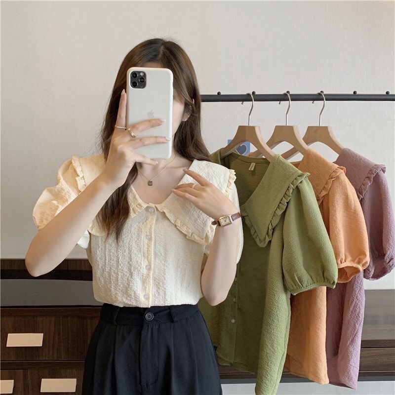 Áo Sơ Mi Chiffon Tay Ngắn Dáng Rộng Màu Tím Thời Trang Mùa Hè Phong Cách Hàn Quốc Cho Nữ