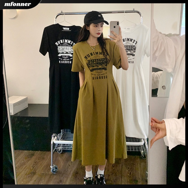 Đầm Thể Thao Tay Ngắn Cổ Tròn Dáng Rộng In Chữ Thời Trang Mùa Hè Cho Nữ