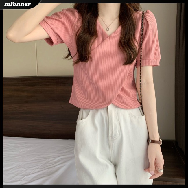 Áo Kiểu Ngắn Tay Cổ Chữ V Màu Sắc Trơn Thời Trang Mùa Hè Cho Nữ
