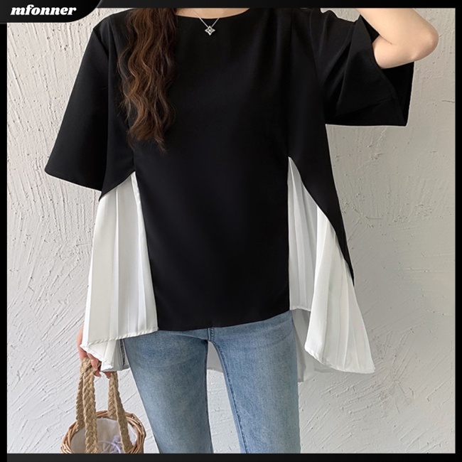 Áo Sơ Mi Chiffon Ngắn Tay Kiểu Xếp Ly Màu Trơn Cho Nữ