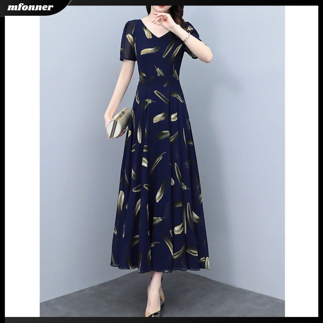 Đầm Cổ Chữ V Eo Cao Tay NgắN in Hoa ThờI Trang Cho Nữ