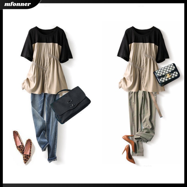 Áo Thun Tay Ngắn Cổ Tròn Dáng Rộng Màu Sắc Tương Phản Phong Cách Retro Dành Cho Nữ