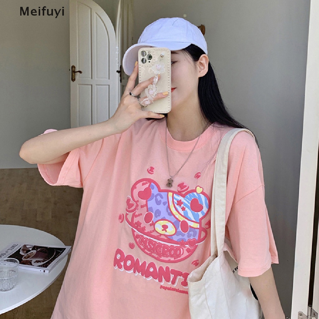 Áo Thun Ngắn Tay Cổ Tròn Dáng Rộng In Hình Gấu Hoạt Hình Thời Trang Mùa Hè Giản Dị Dành Cho Nữ
