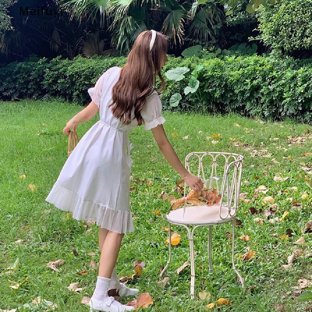 Đầm Midi Trắng Cổ Chữ V Tay Phồng Phối Ren Ngọt Ngào Phong Cách Retro Mùa Hè Cho Nữ