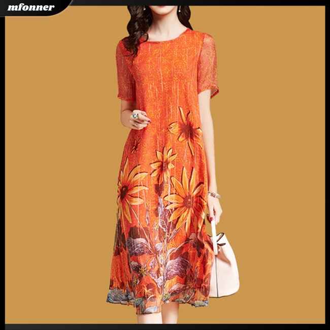 Đầm Tay Ngắn Cổ Tròn Dài Đến Đầu Gối Vải Lụa Sữa In Hoa Thời Trang Dự Tiệc Cho Bạn Gái