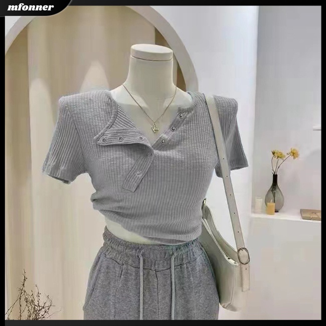 Áo Thun Croptop Tay Ngắn Cổ Chữ V Màu Sắc Đơn Giản Cho Nữ