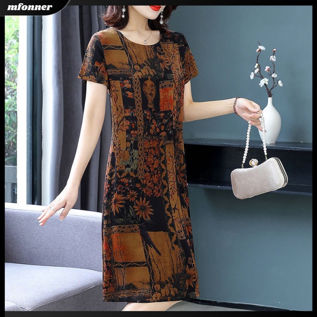 Đầm Midi Giả Lụa Lạnh Tay Ngắn Cổ Tròn Dáng Rộng Thời Trang Cho Nữ